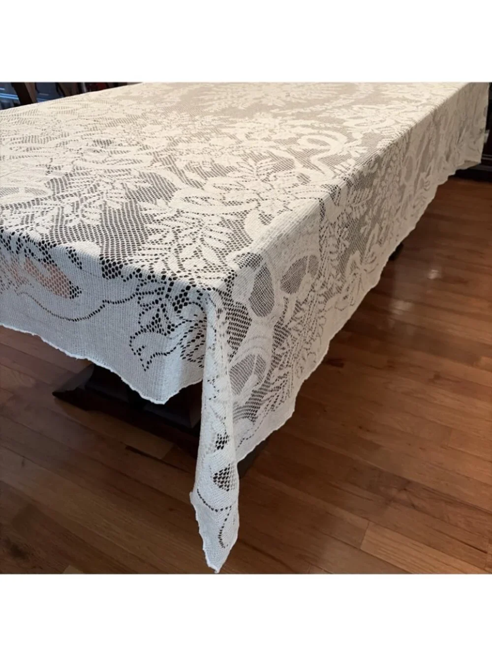Vintage Christmas Lace Tablecloth Rectangular 108x68” Seasons Greetings Bells
